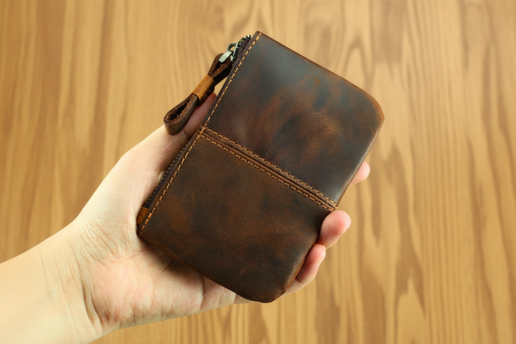 Hand holding a brown leather wallet against a wooden background