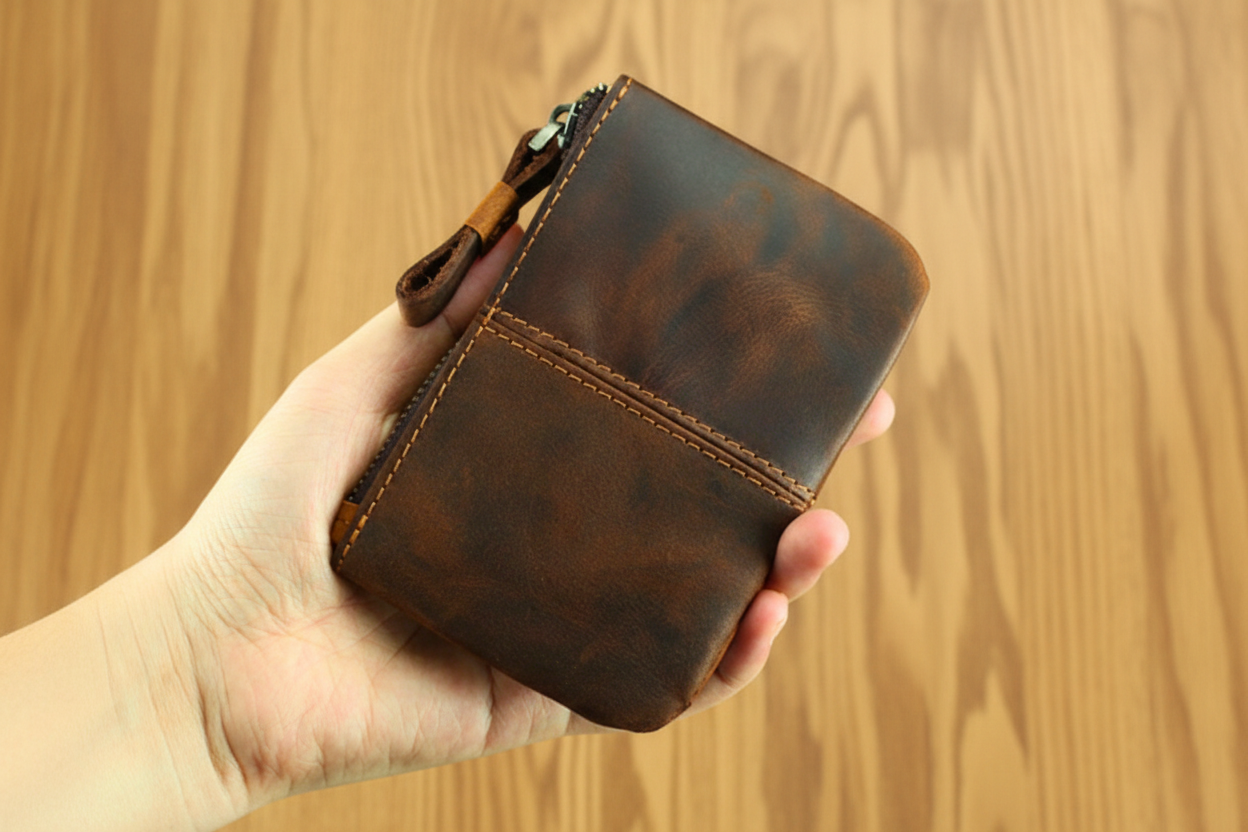 Hand holding a brown leather wallet against a wooden background