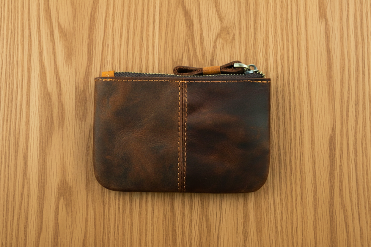 Brown leather pouch with a zipper on a wooden surface