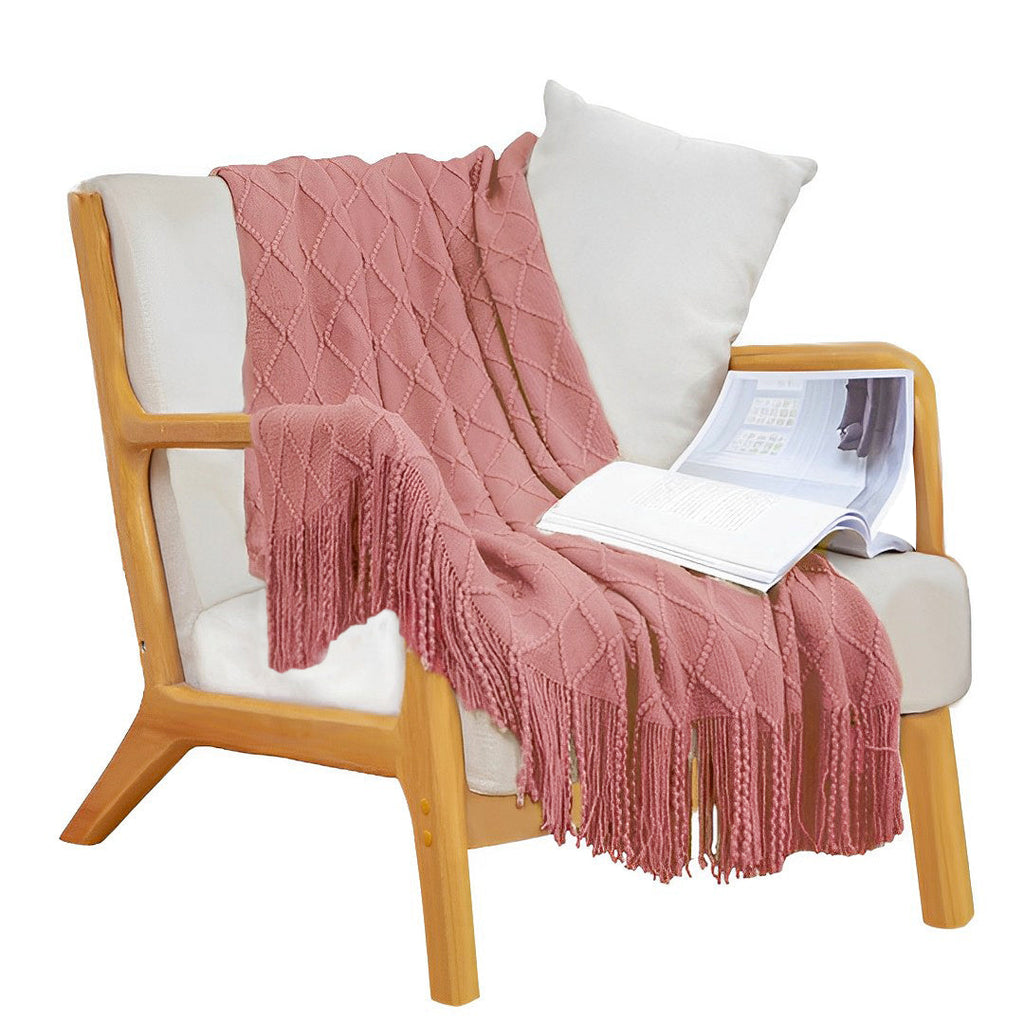 NNEAGS Pink Diamond Pattern Knitted Throw Blanket Warm Cozy Woven Cover Couch Bed Sofa Home Decor with Tassels-0
