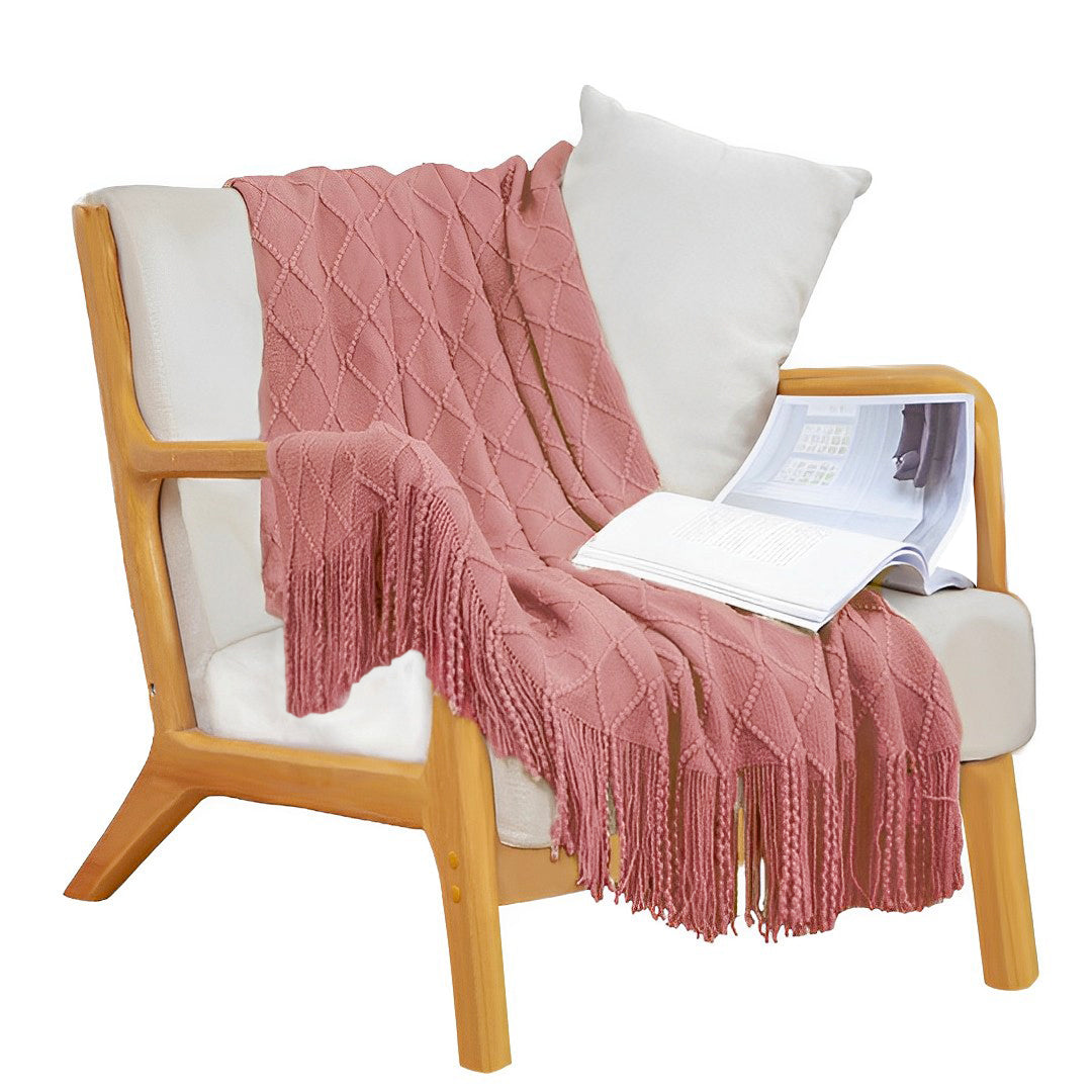NNEAGS Pink Diamond Pattern Knitted Throw Blanket Warm Cozy Woven Cover Couch Bed Sofa Home Decor with Tassels-0