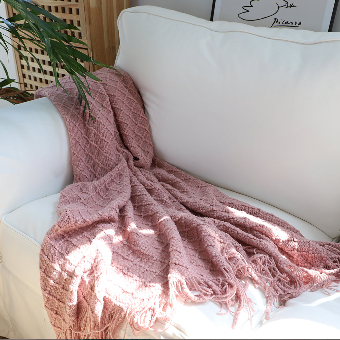NNEAGS Pink Diamond Pattern Knitted Throw Blanket Warm Cozy Woven Cover Couch Bed Sofa Home Decor with Tassels-1