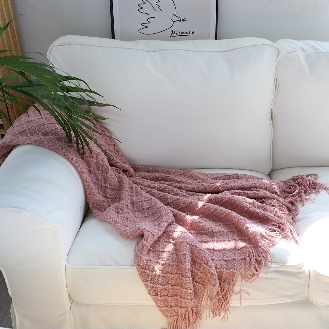NNEAGS Pink Diamond Pattern Knitted Throw Blanket Warm Cozy Woven Cover Couch Bed Sofa Home Decor with Tassels-2
