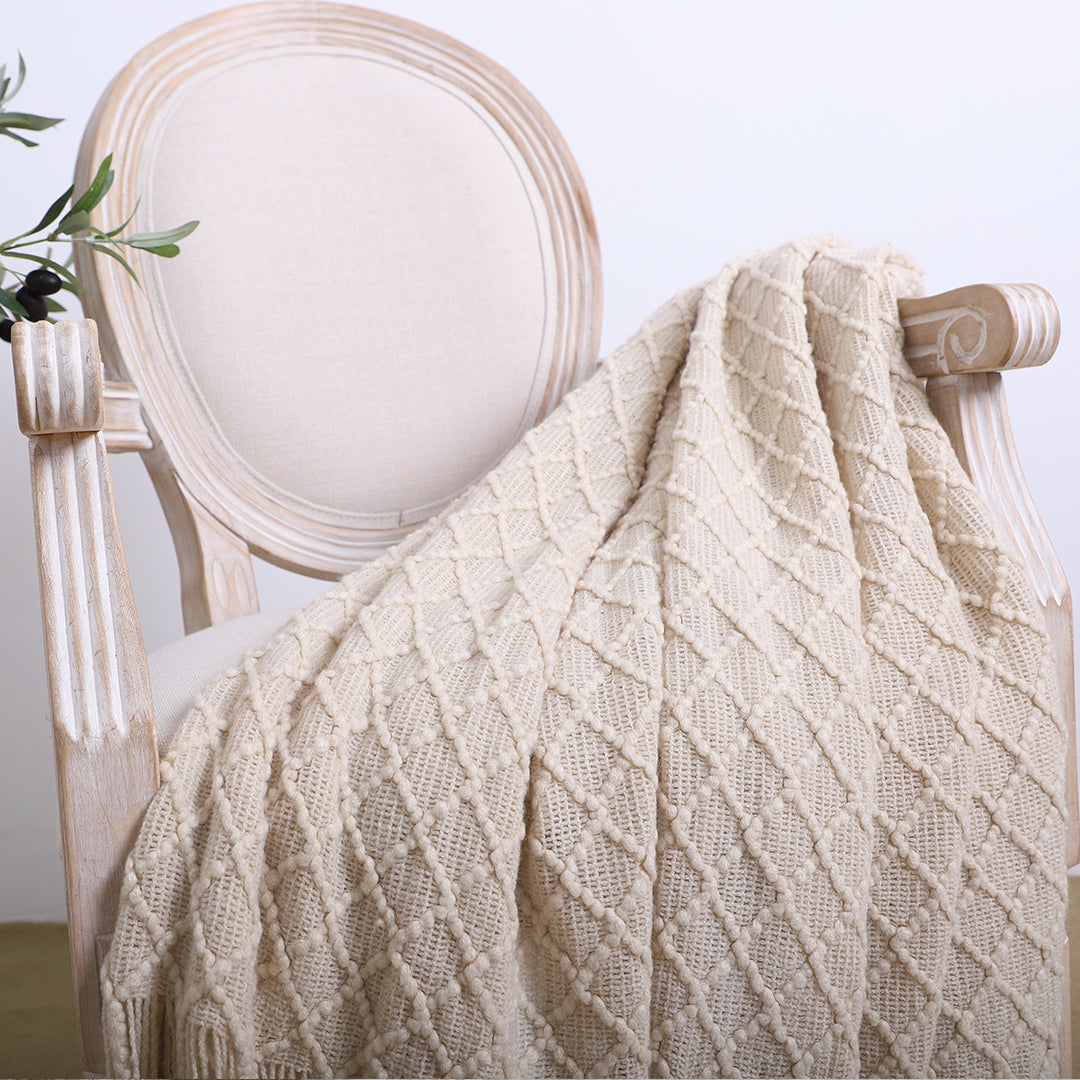 NNEAGS Beige Diamond Pattern Knitted Throw Blanket Warm Cozy Woven Cover Couch Bed Sofa Home Decor with Tassels-3