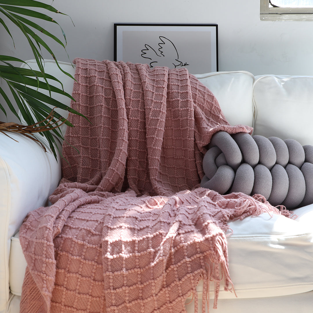 NNEAGS Pink Diamond Pattern Knitted Throw Blanket Warm Cozy Woven Cover Couch Bed Sofa Home Decor with Tassels-4
