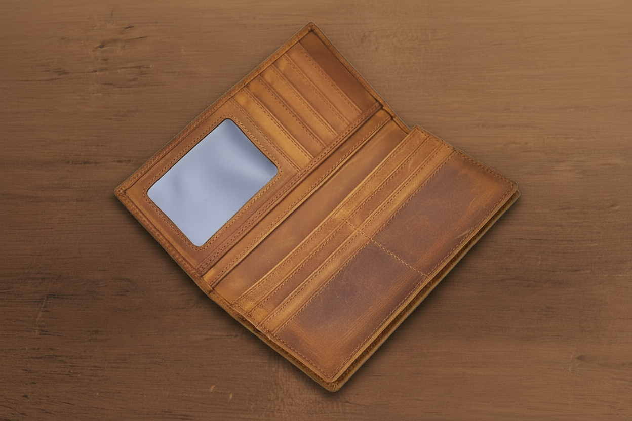 Brown leather wallet with card holder on a wooden surface