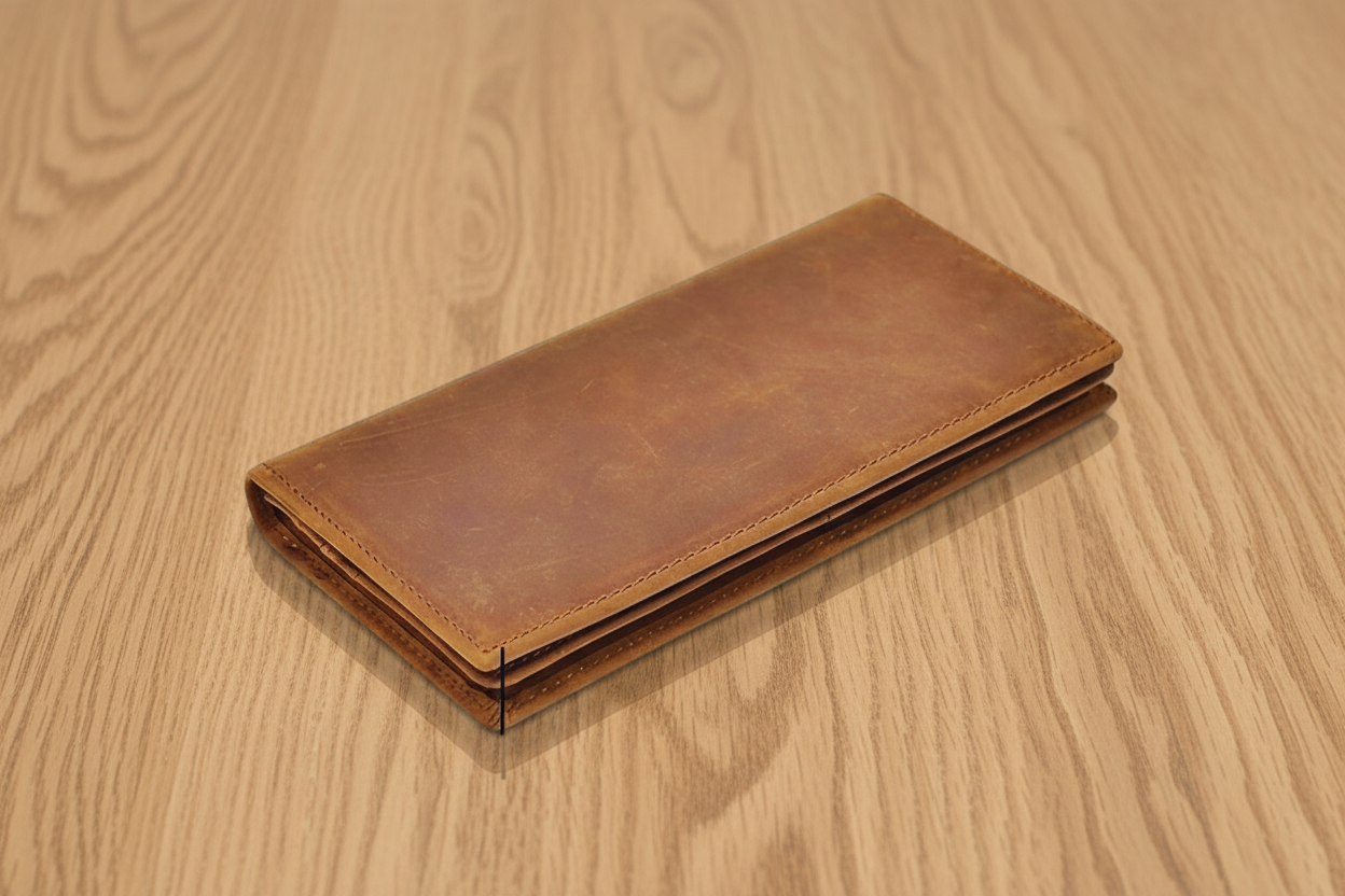 Brown leather wallet on a wooden surface