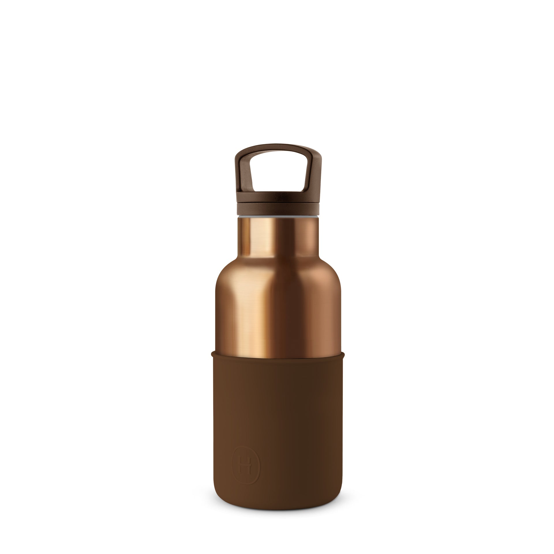 Bronze-colored water bottle with a brown sleeve on a white background