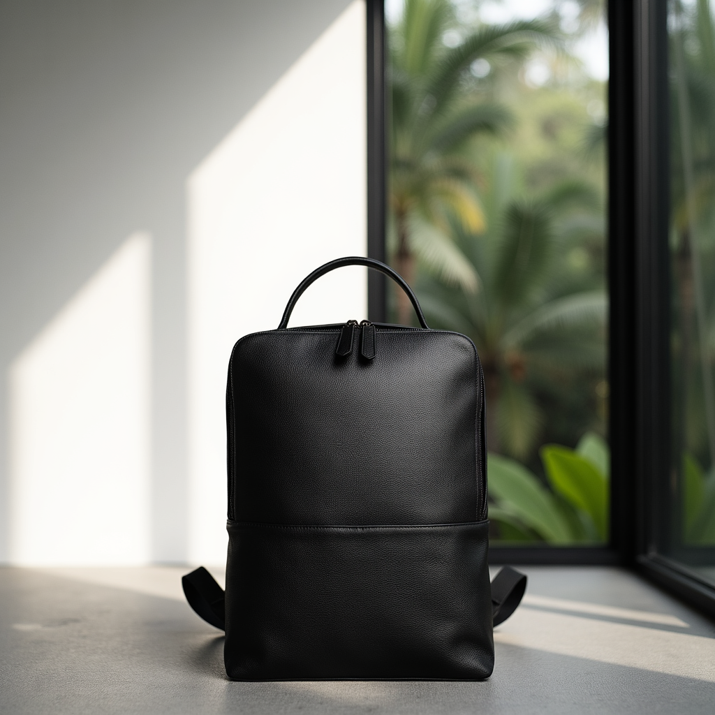 Black backpack on a surface with a window and greenery in the background