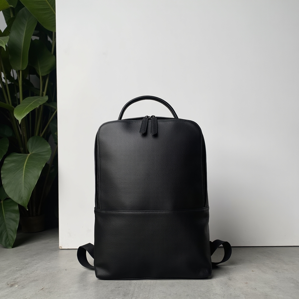 Black backpack on a gray floor with a white wall and plant in the background