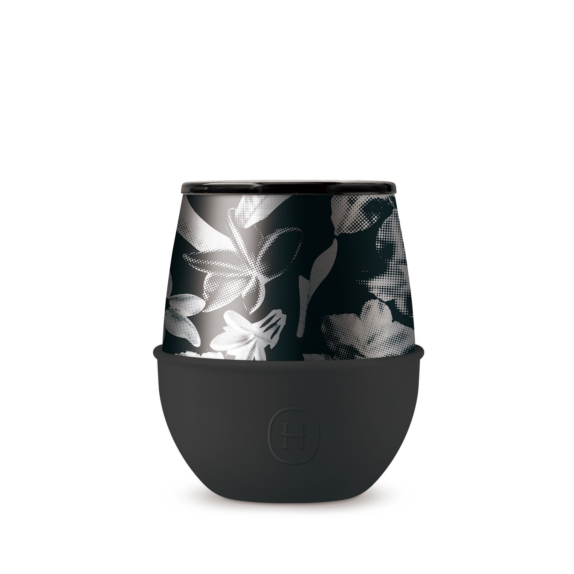 Black and white floral-patterned cup with a matching sleeve on a white background