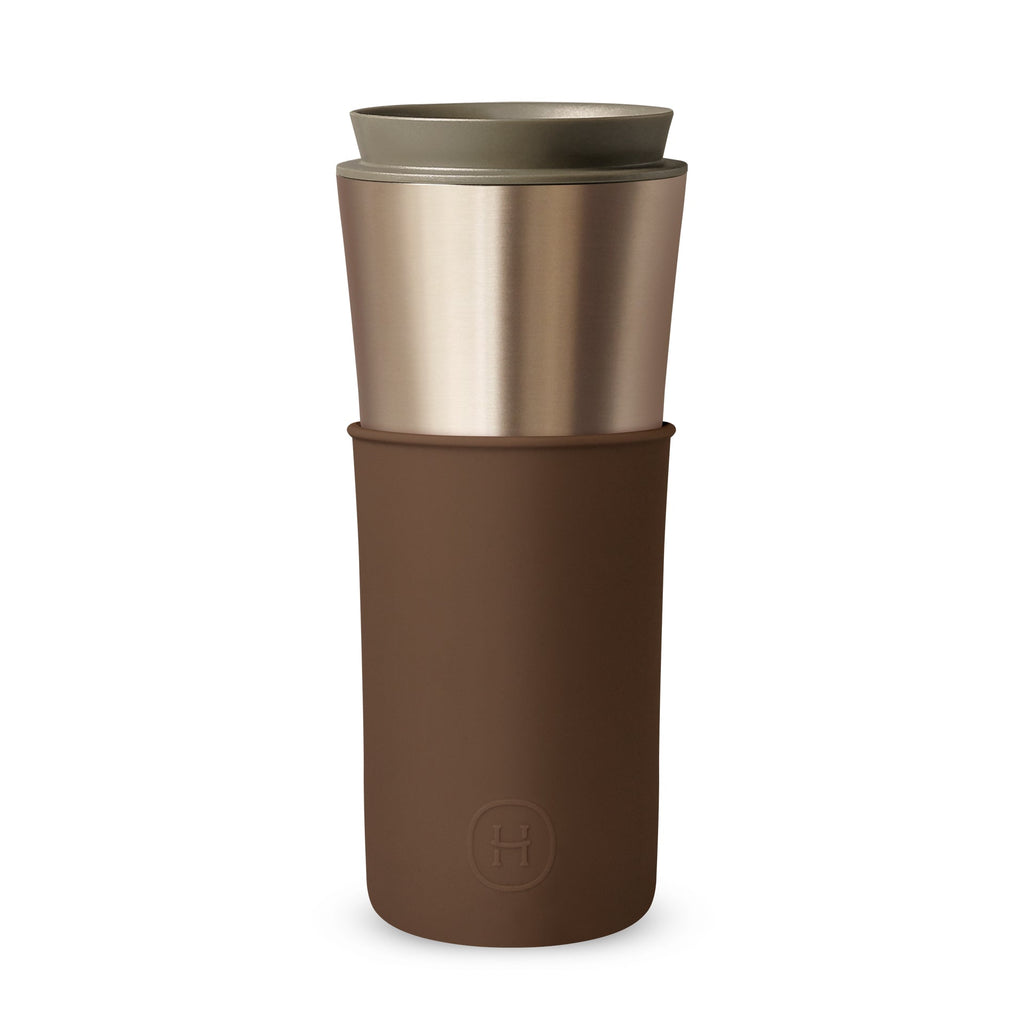 Brown and gold travel mug on a white background