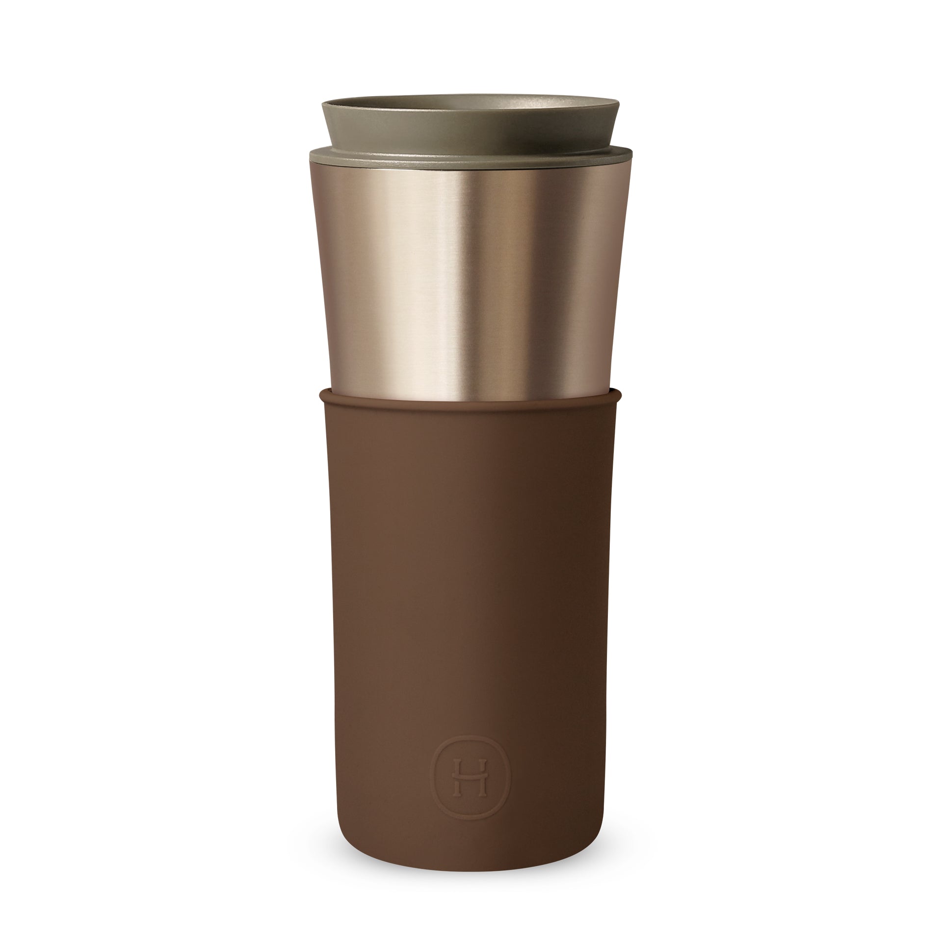 Brown and gold travel mug on a white background