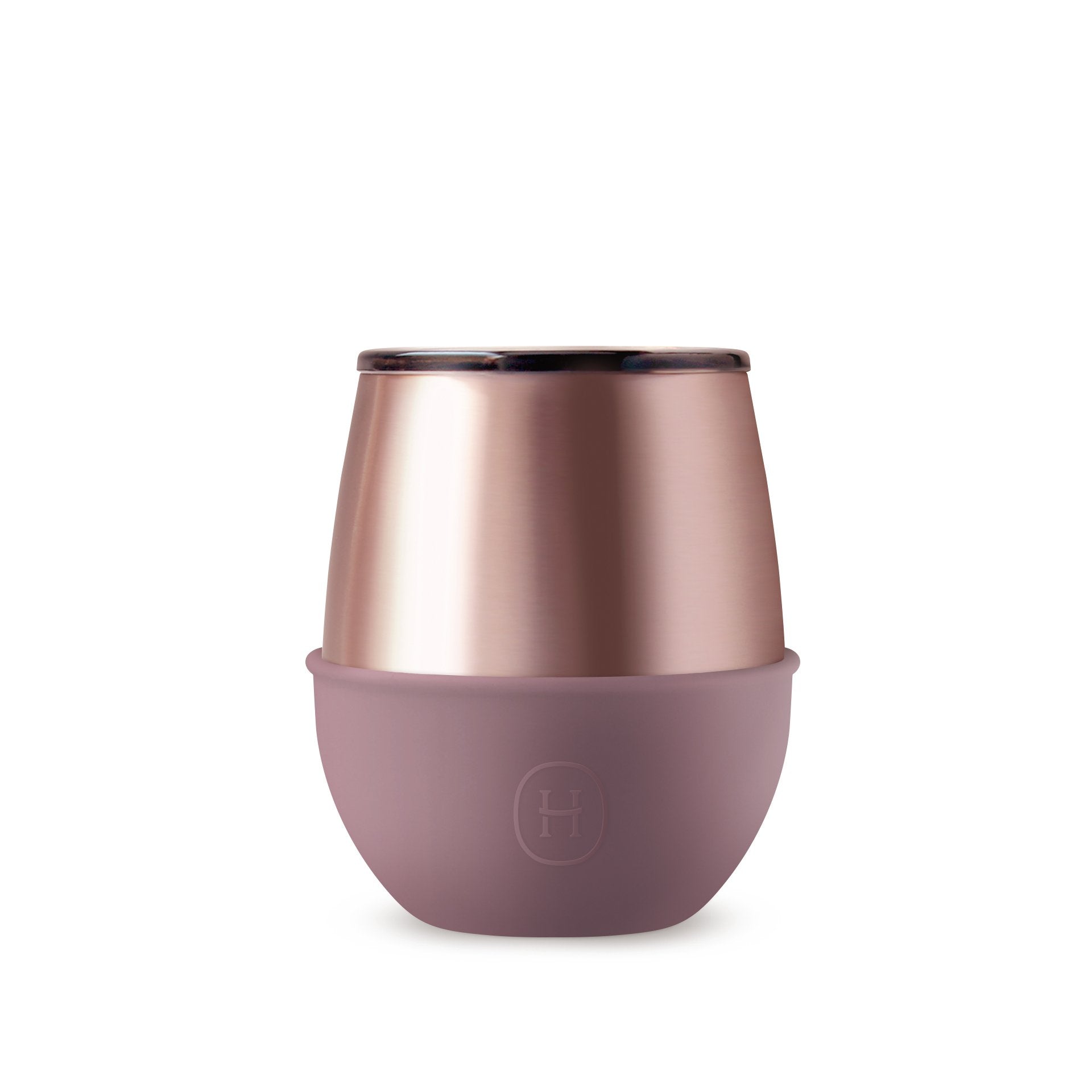 Rose gold and mauve tumbler with a logo on a white background
