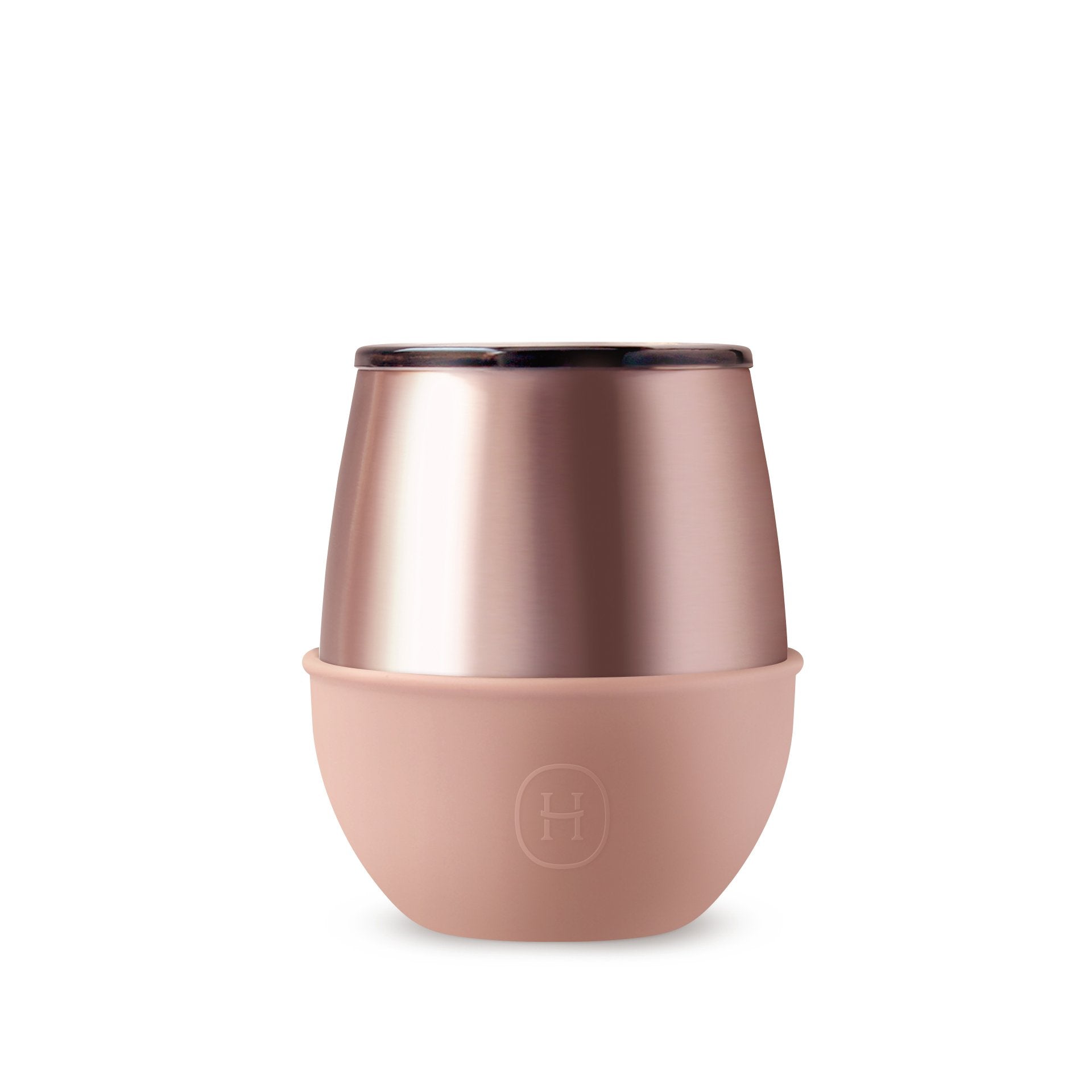Rose gold and pink tumbler on a white background