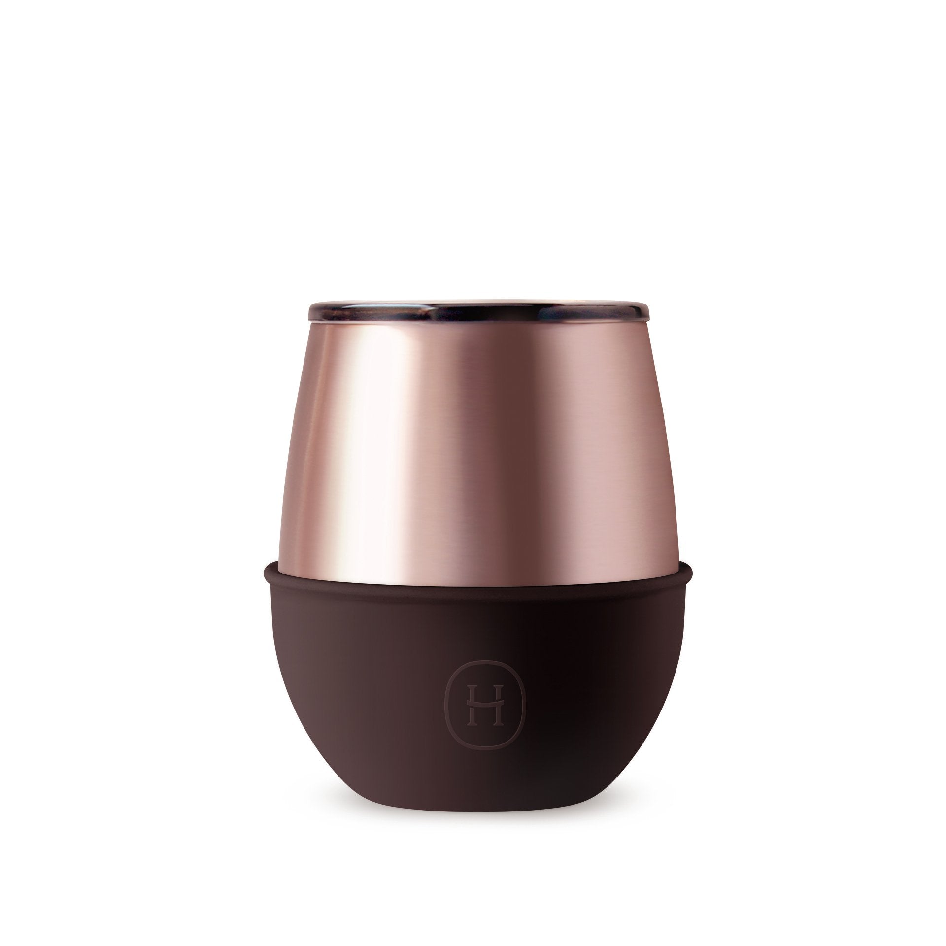 Rose gold and brown insulated tumbler on a white background