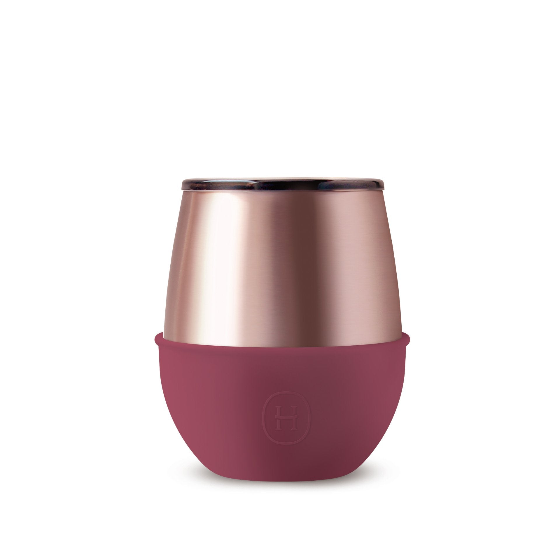 Rose gold and purple tumbler on a white background