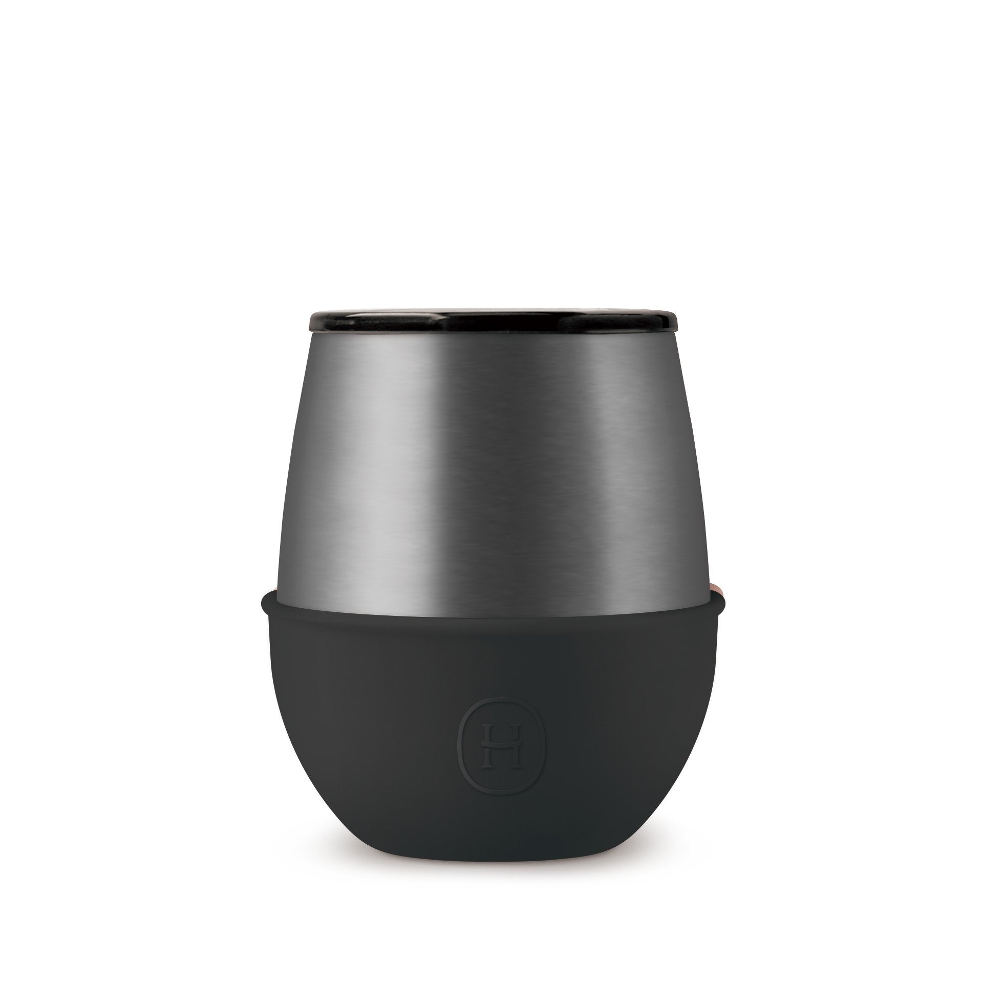 Black and silver insulated tumbler on a white background