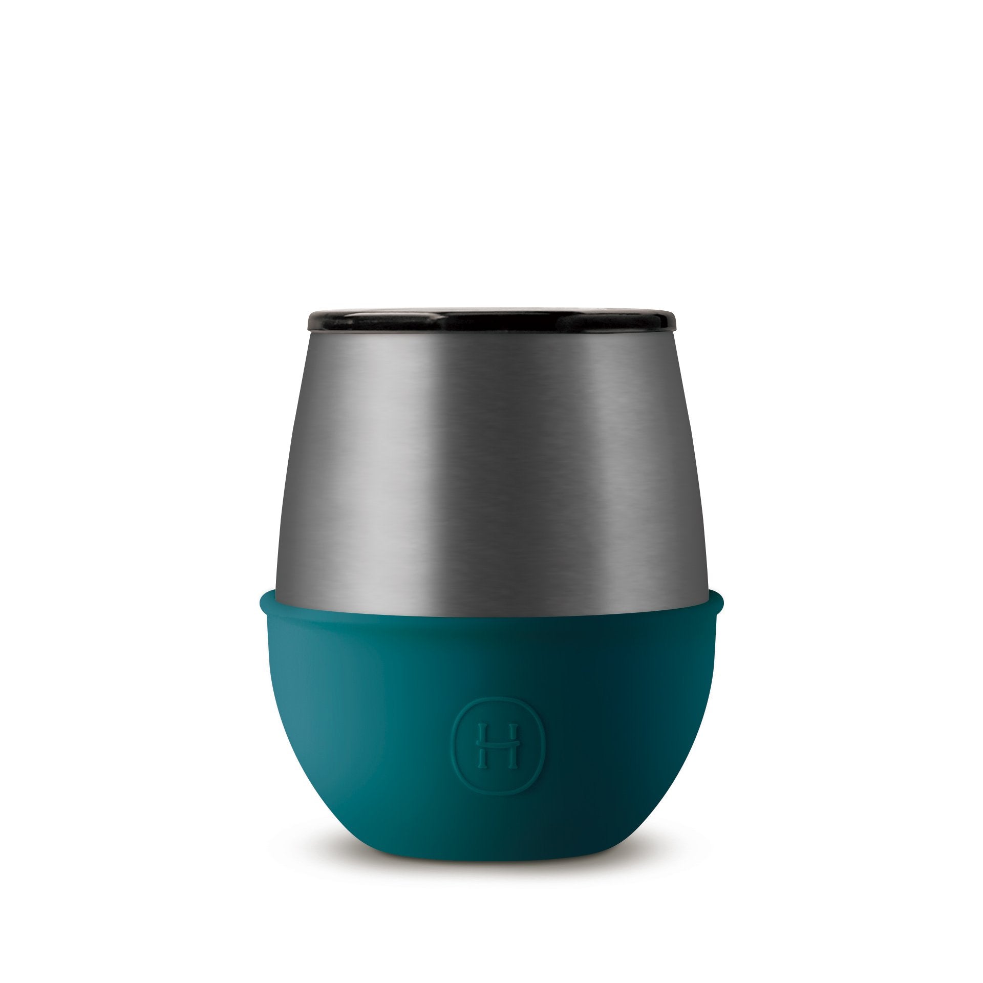 Stainless steel tumbler with teal base on a white background