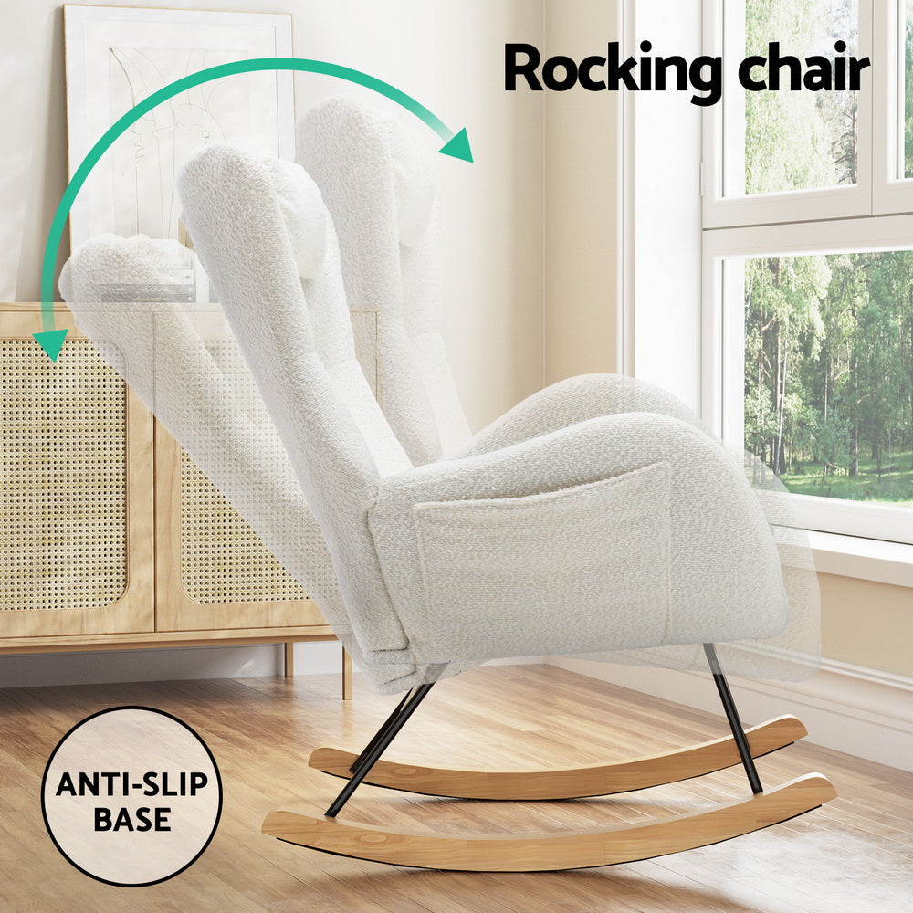 Alpine Boucle Rocking Chair with Headrest Pillow – White