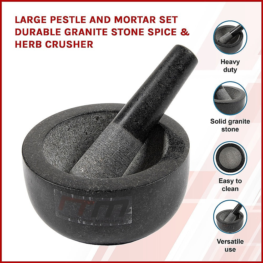 Large granite pestle and mortar set, durable spice and herb crusher, minimalist Alpine design.
