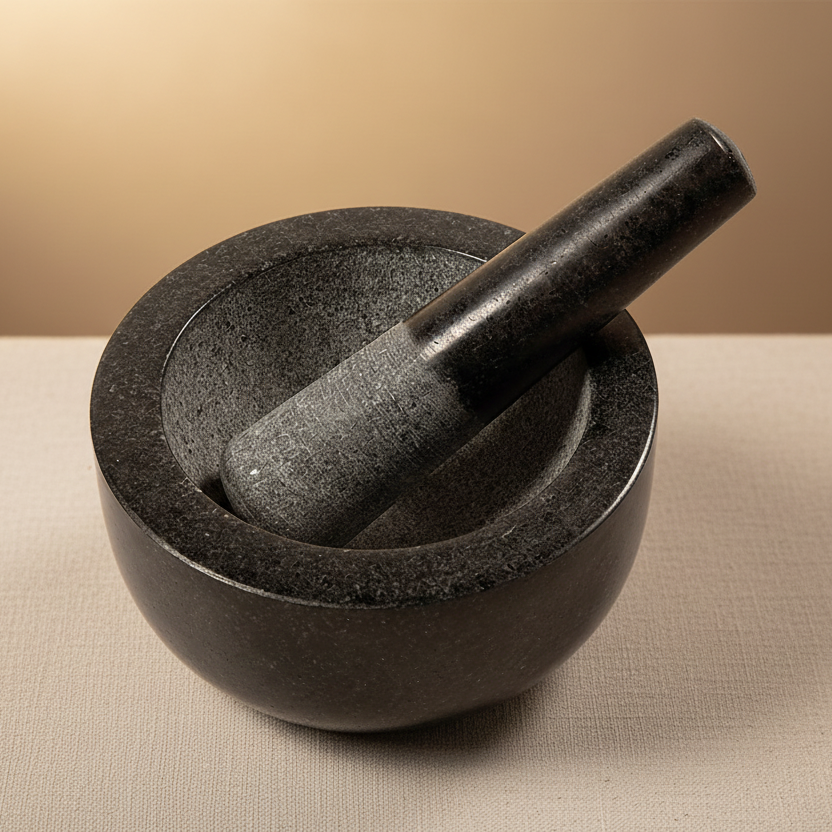 Black stone mortar and pestle on a white background