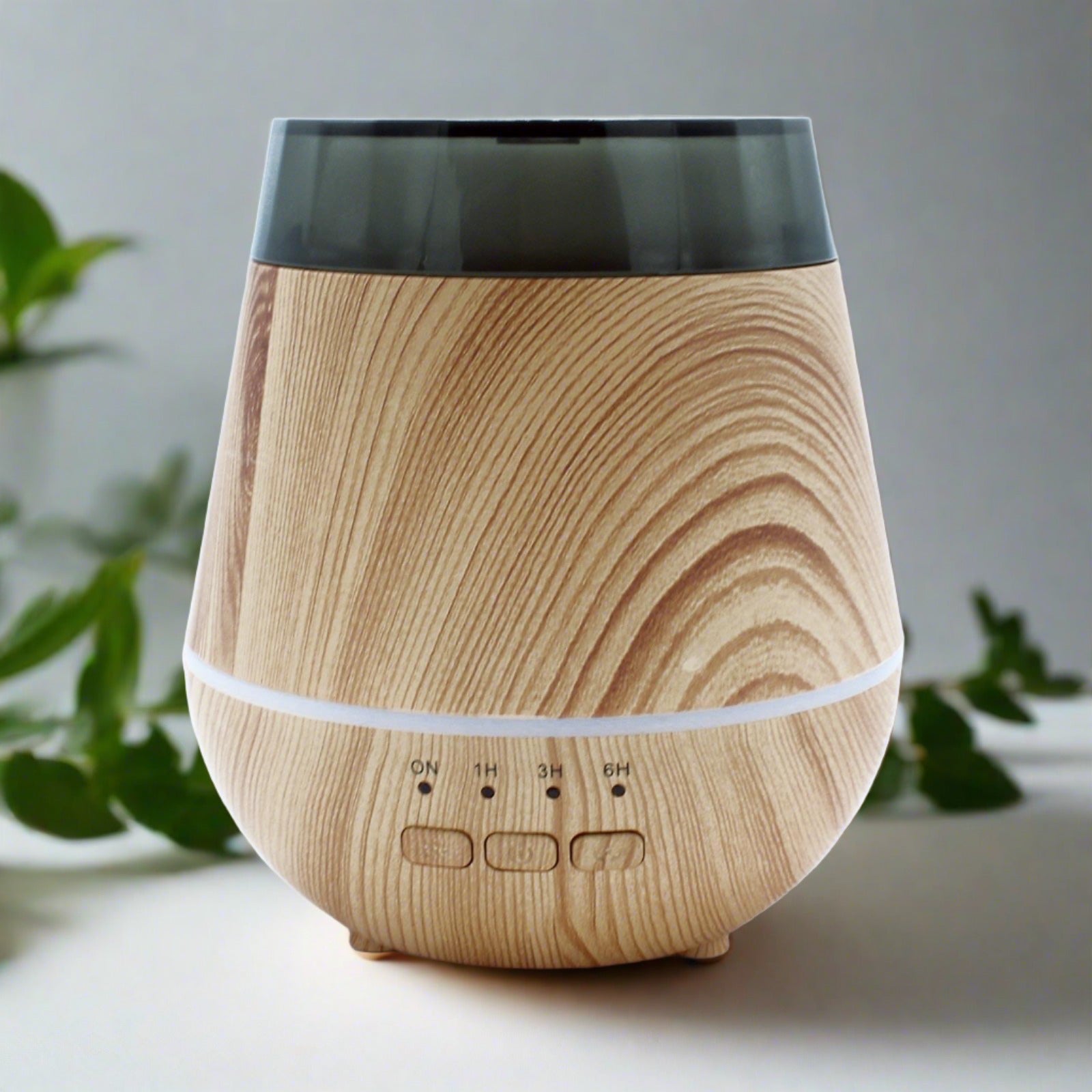 Wooden diffuser with black top on a light surface with green plants in the background