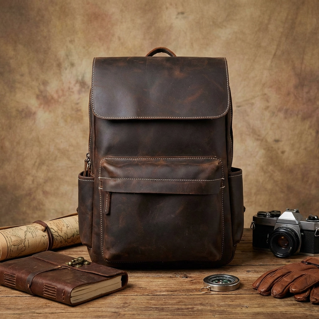 Brown leather backpack on a wooden surface with a vintage camera and books.