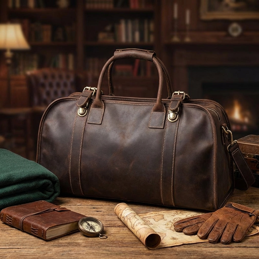 Brown leather duffel bag on a wooden table with a book, compass, and gloves in a cozy room setting.