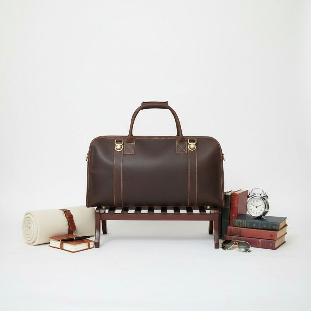 Brown leather duffel bag on a white background with books and an alarm clock.
