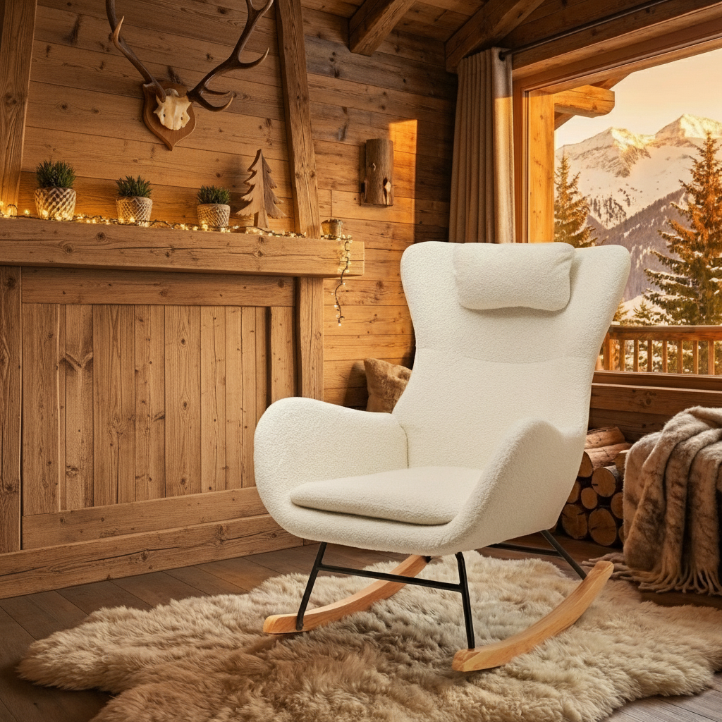 Alpine Boucle Rocking Chair with Headrest Pillow – White