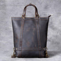 Brown leather tote bag on a gray background