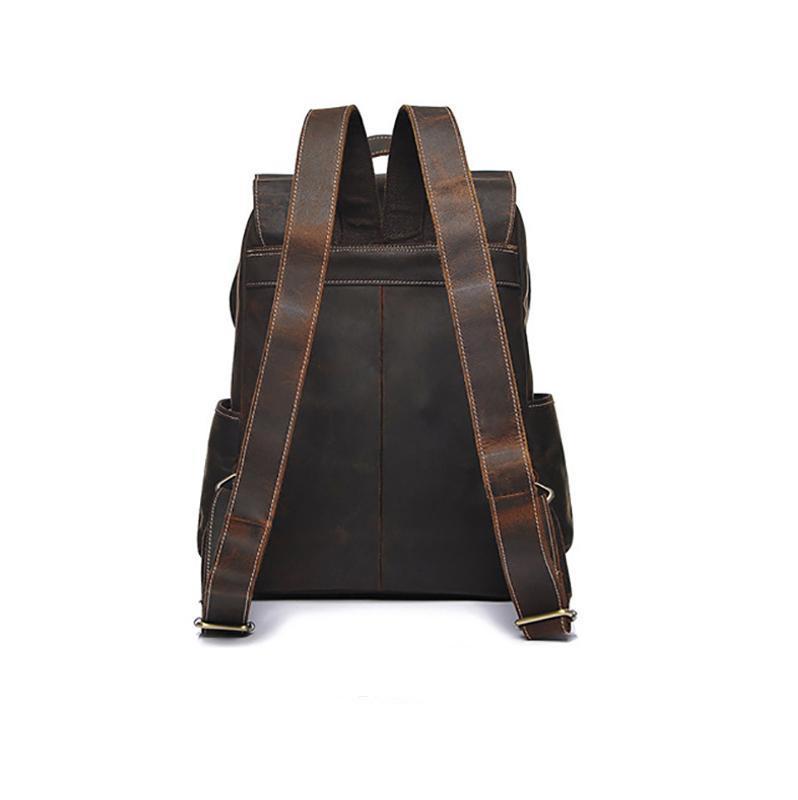 Dark brown leather backpack with shoulder straps on a white background