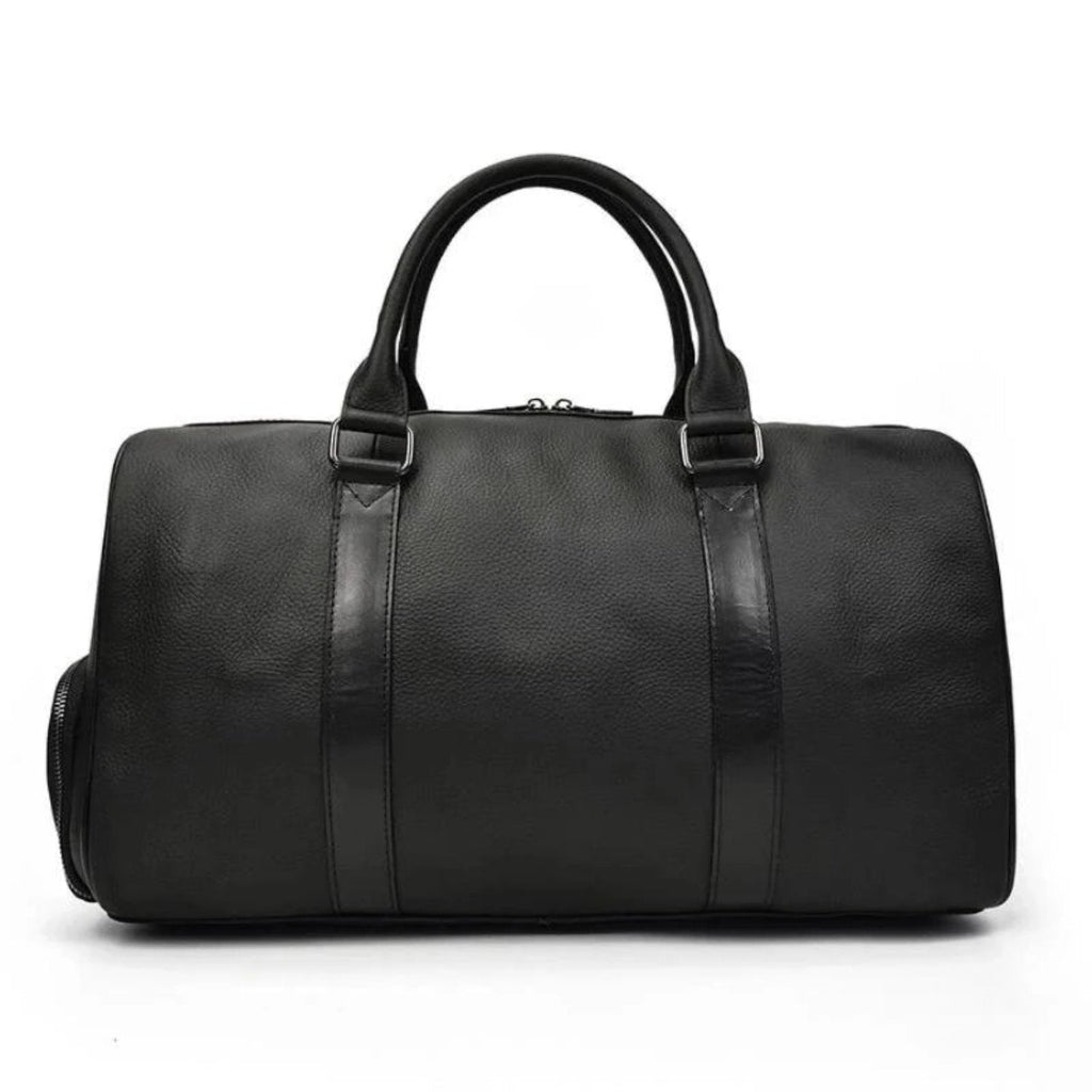Black leather duffel bag on a white background