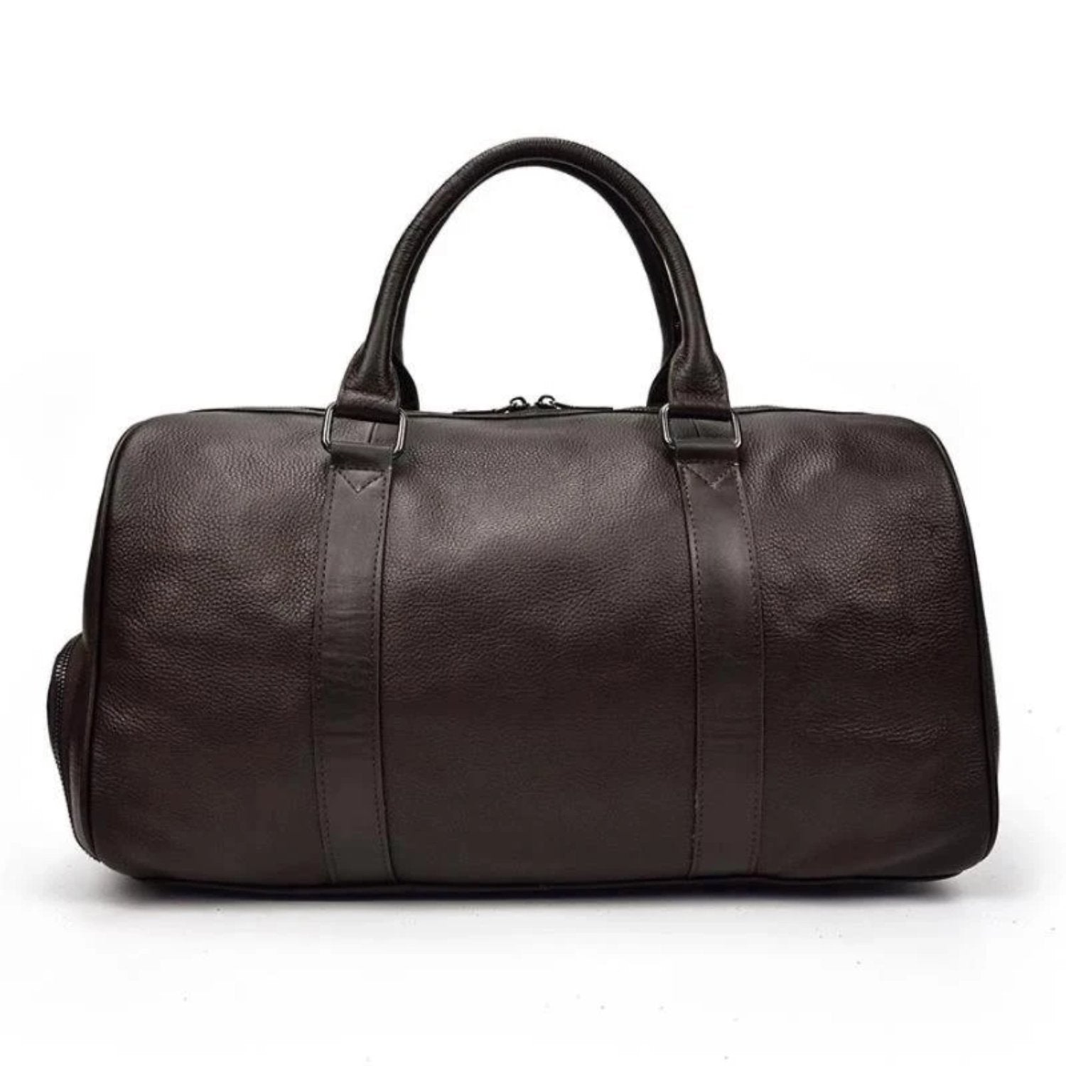 Brown leather duffel bag on a white background